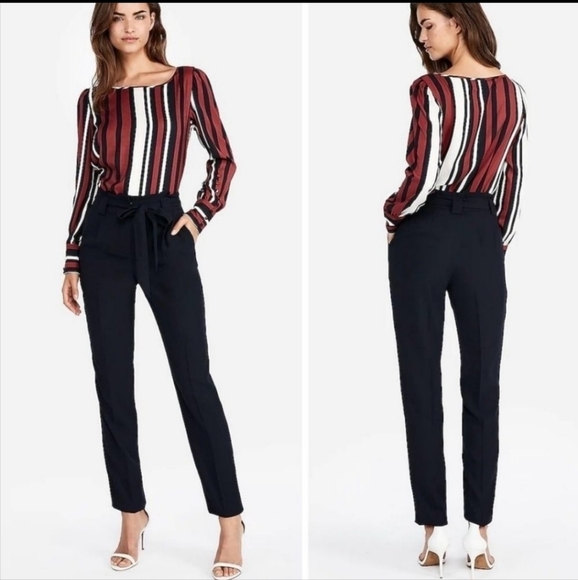 Express Blue High Rise Ankle Paperbag Pants - Picture 2 of 8